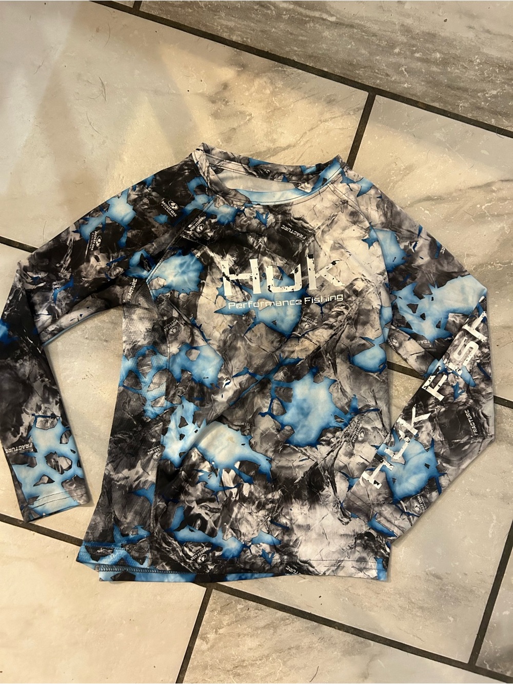 Boys Youth Small Huk Blue, Black & White Camo Performance Fishing Shirt
